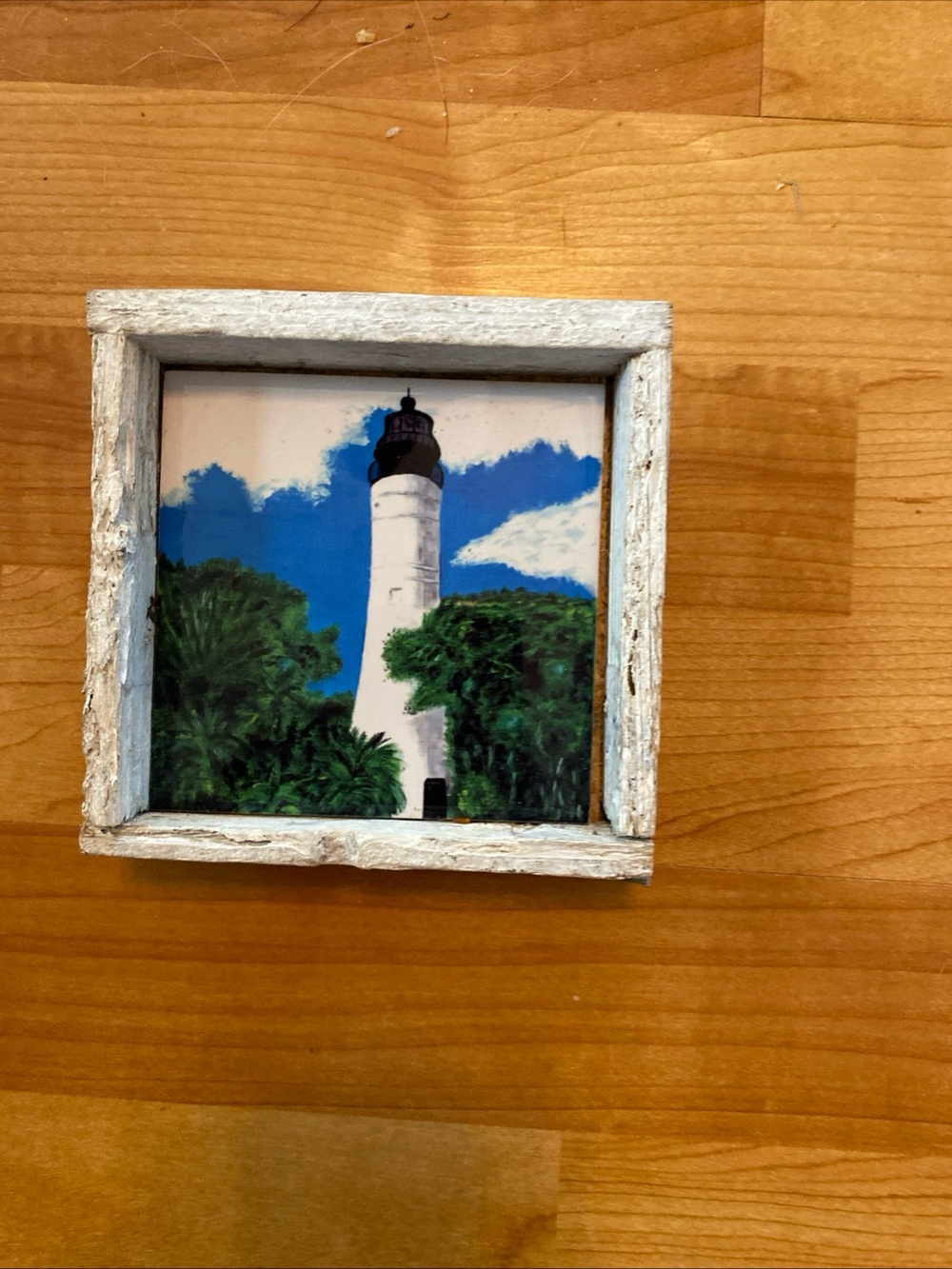 Lighthouse Wall Art Tile with Distressed White Frame